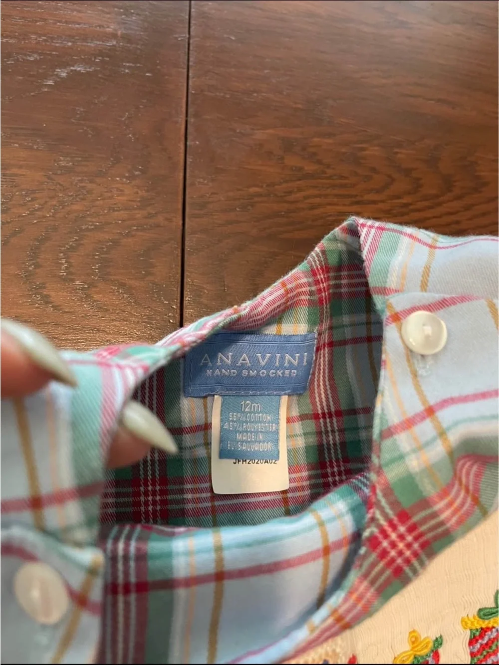 Holiday Plaid Smocked Santa One-Piece Bodysuit - Cream & Light Blue